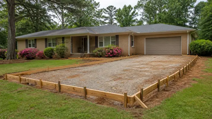 Wooden forms outline a patio slab before the pour. at a buff-brick ranch home in Marietta, GA, under bright midday cloud.